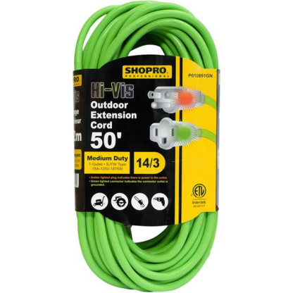SHOPRO P010891GN 50′ 14/3 Hi-Vis Outdoor Extension Cord, Lighted