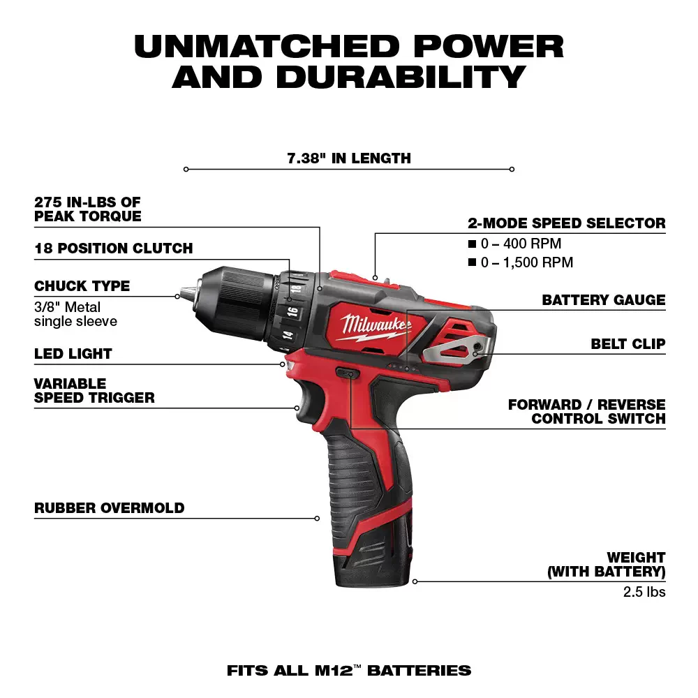 Milwaukee 2407 22 M12 12 Volt Lithium Ion Cordless 3 8 in. Drill