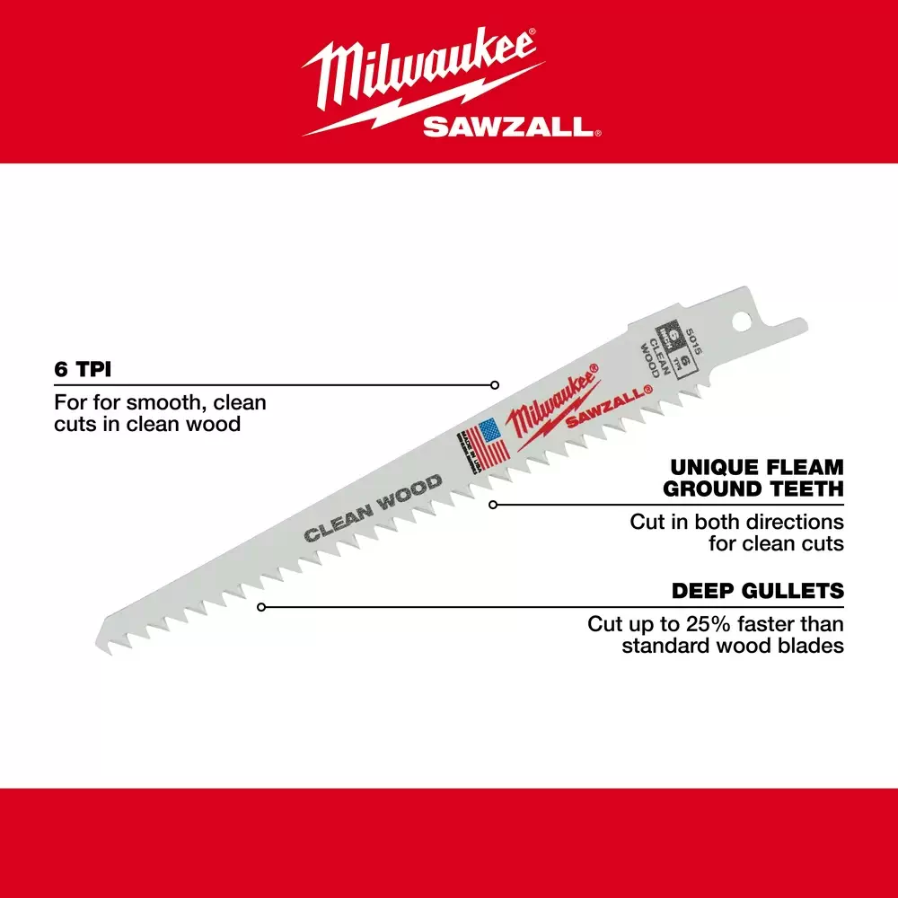 Milwaukee 48 01 7015 6 x 6 TPI Fleam Ground SAWZALL Blades 100